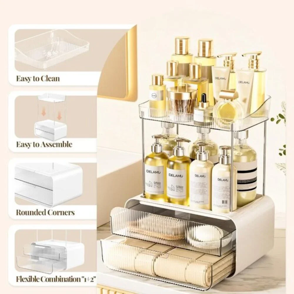 2-Tier Bathroom Counter Organizer, Clear Acrylic Drawers for Skincare & Makeup